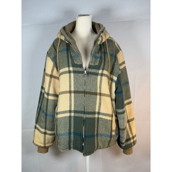 Vintage WOOLRICH Full Zip Hooded Jacket Mens 42 Cream Buffalo Plaid Wool 50s 60s - Picture 1 of 11
